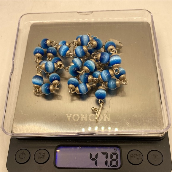Necklace .925 Sterling Silver Mexico Blue Cat Eye Beads 24”/47.6 grams - Picture 8 of 8